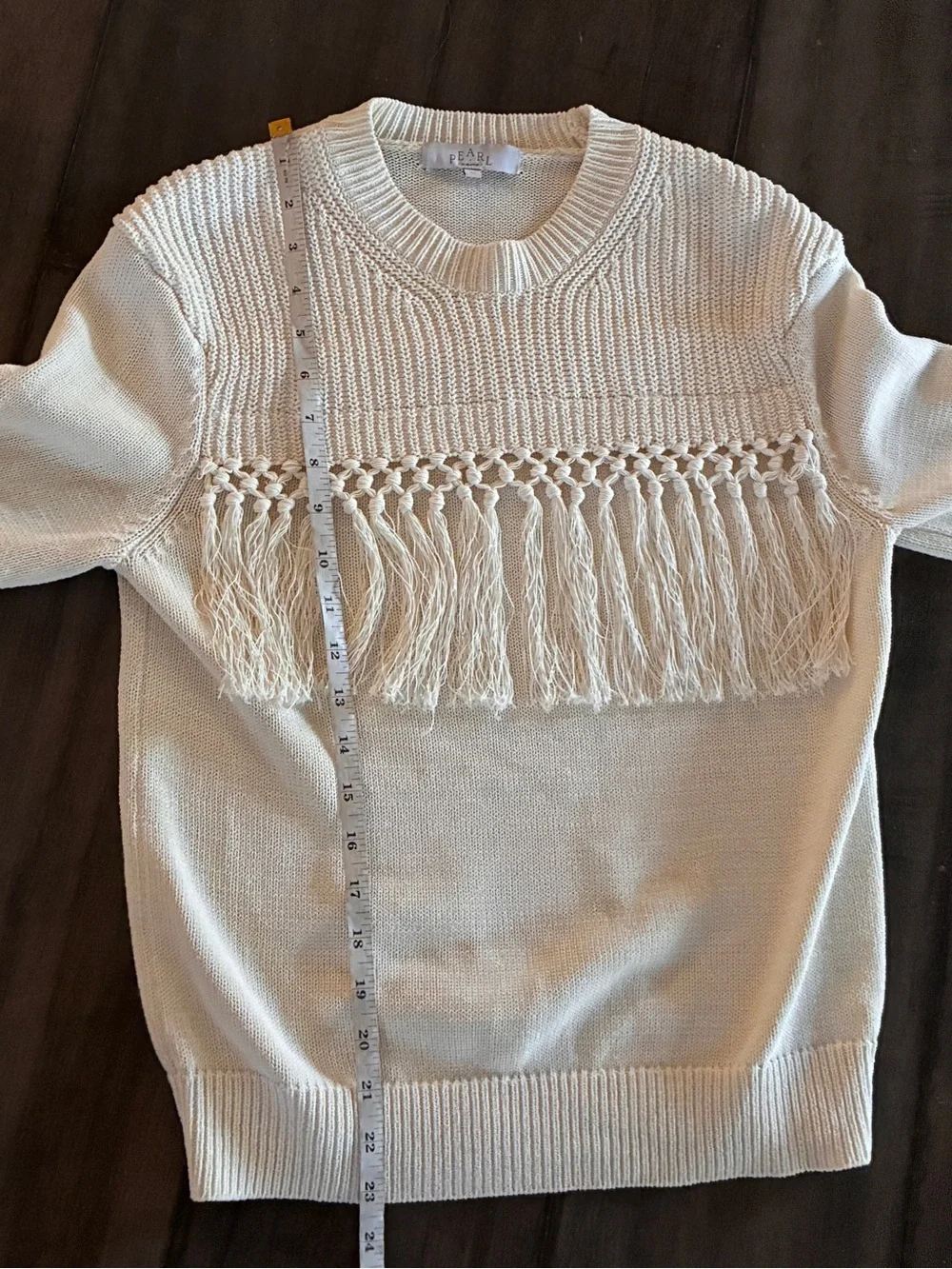 Pearl by Lela Rose Cream Fringe Macrame Knit Sweater - Size XS
